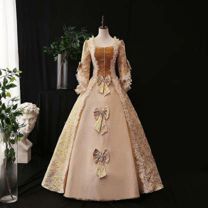 Vintage Rococo Ball Gown with Square Neck Half Sleeves and Renaissance Lace