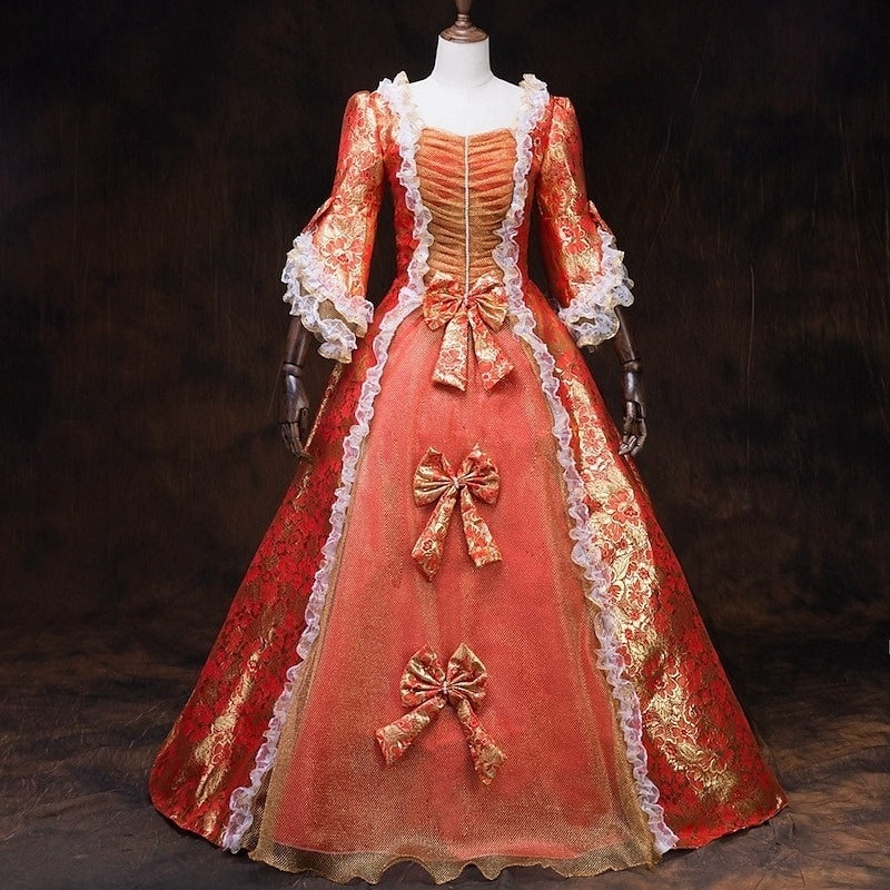 Vintage Rococo Ball Gown with Square Neck Half Sleeves and Renaissance Lace