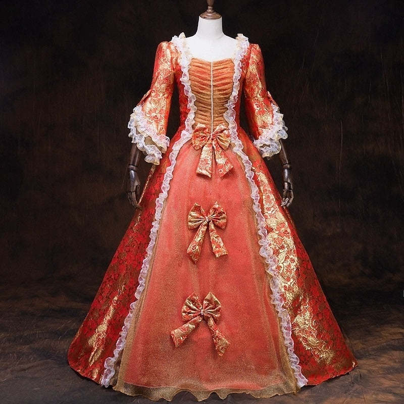 Vintage Rococo Ball Gown with Square Neck Half Sleeves and Renaissance Lace