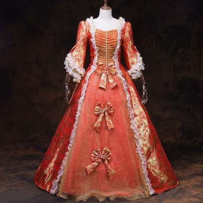 Vintage Rococo Ball Gown with Square Neck Half Sleeves and Renaissance Lace