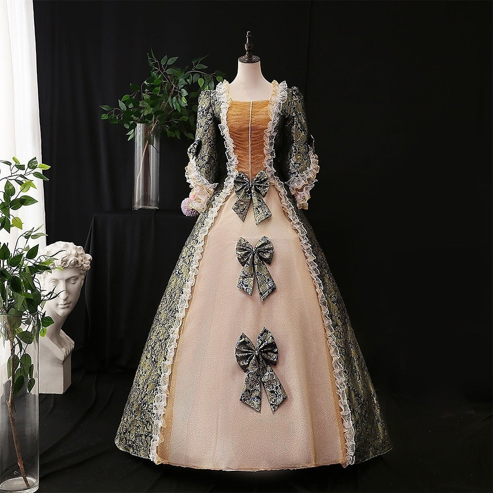 Vintage Rococo Ball Gown with Square Neck Half Sleeves and Renaissance Lace