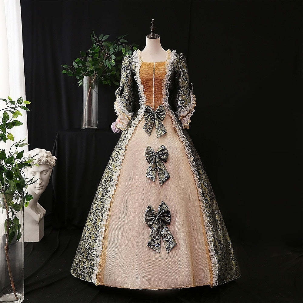 Vintage Rococo Ball Gown with Square Neck Half Sleeves and Renaissance Lace