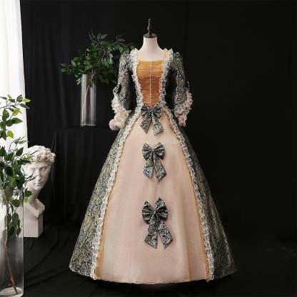Vintage Rococo Ball Gown with Square Neck Half Sleeves and Renaissance Lace