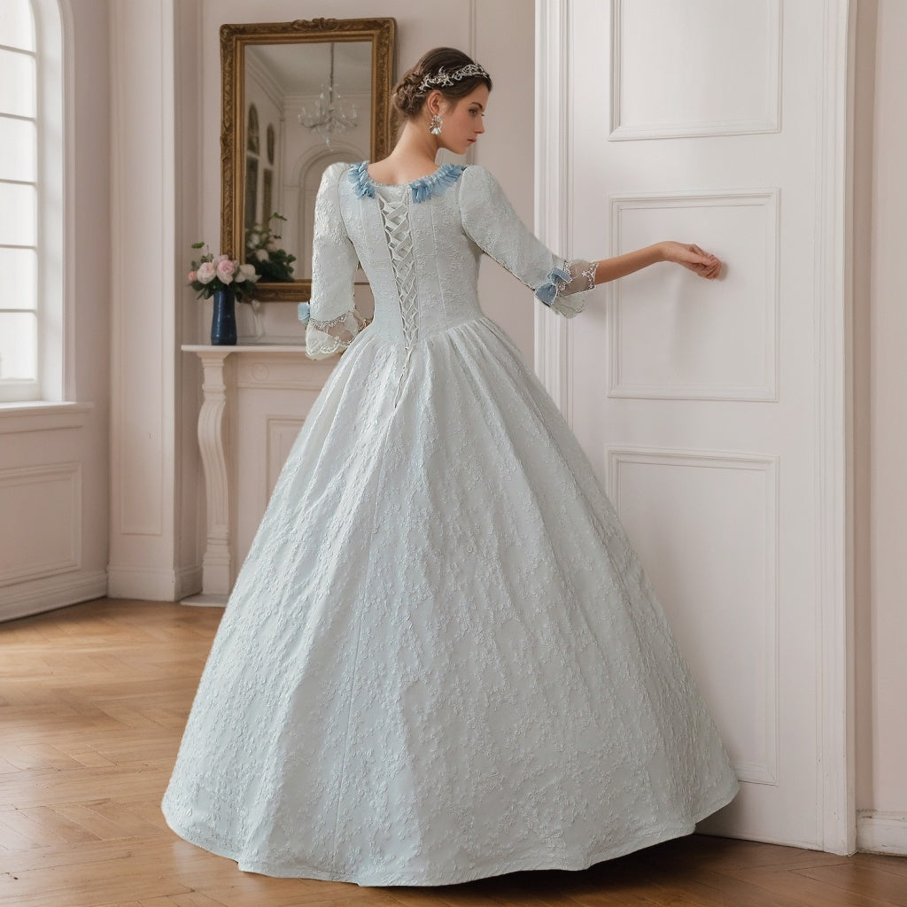 Square Neck Half-Sleeve Ball Gown in Vintage Victorian Rococo Style for Halloween Masquerade Evening