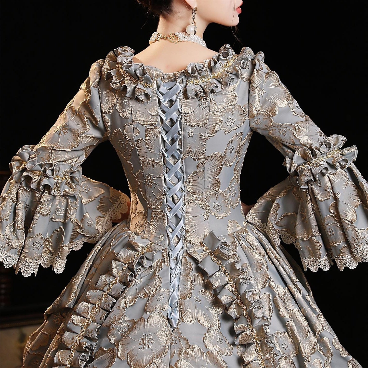 Royal Gothic Victorian Ball Gown with Square Neck and 3/4 Sleeves for Halloween or Prom