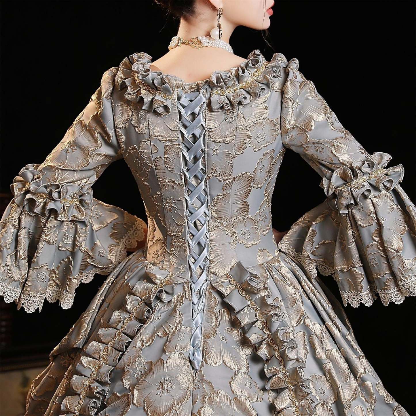 Royal Gothic Victorian Ball Gown with Square Neck and 3/4 Sleeves for Halloween or Prom