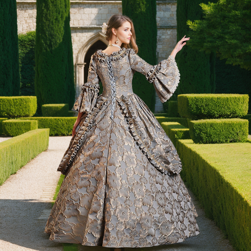 Royal Gothic Victorian Ball Gown with Square Neck and 3/4 Sleeves for Halloween or Prom