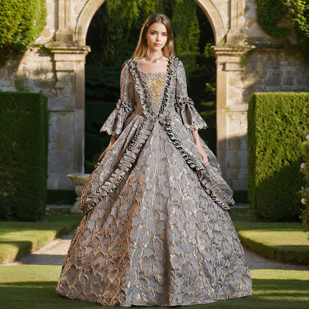 Royal Gothic Victorian Ball Gown with Square Neck and 3/4 Sleeves for Halloween or Prom