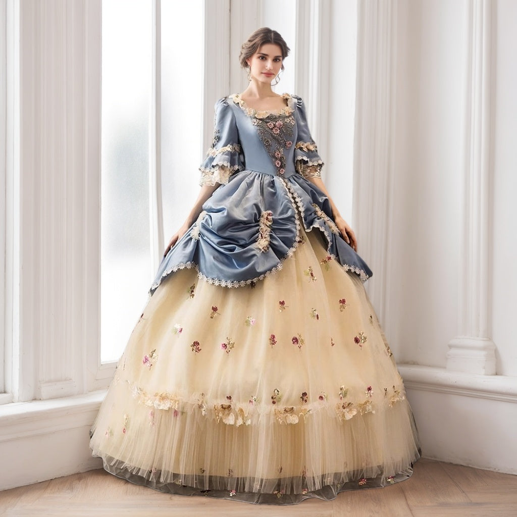 Victorian Rococo Ball Gown with Square Neck and Half Sleeves