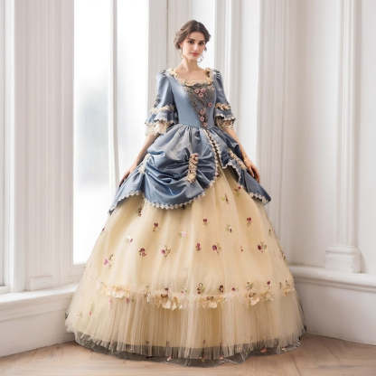 Victorian Rococo Ball Gown with Square Neck and Half Sleeves