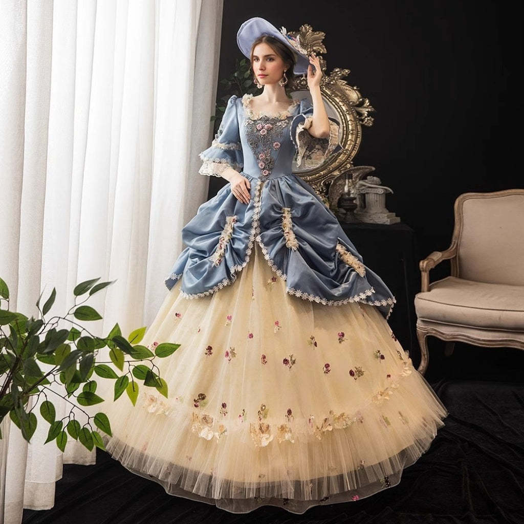 Victorian Rococo Ball Gown with Square Neck and Half Sleeves