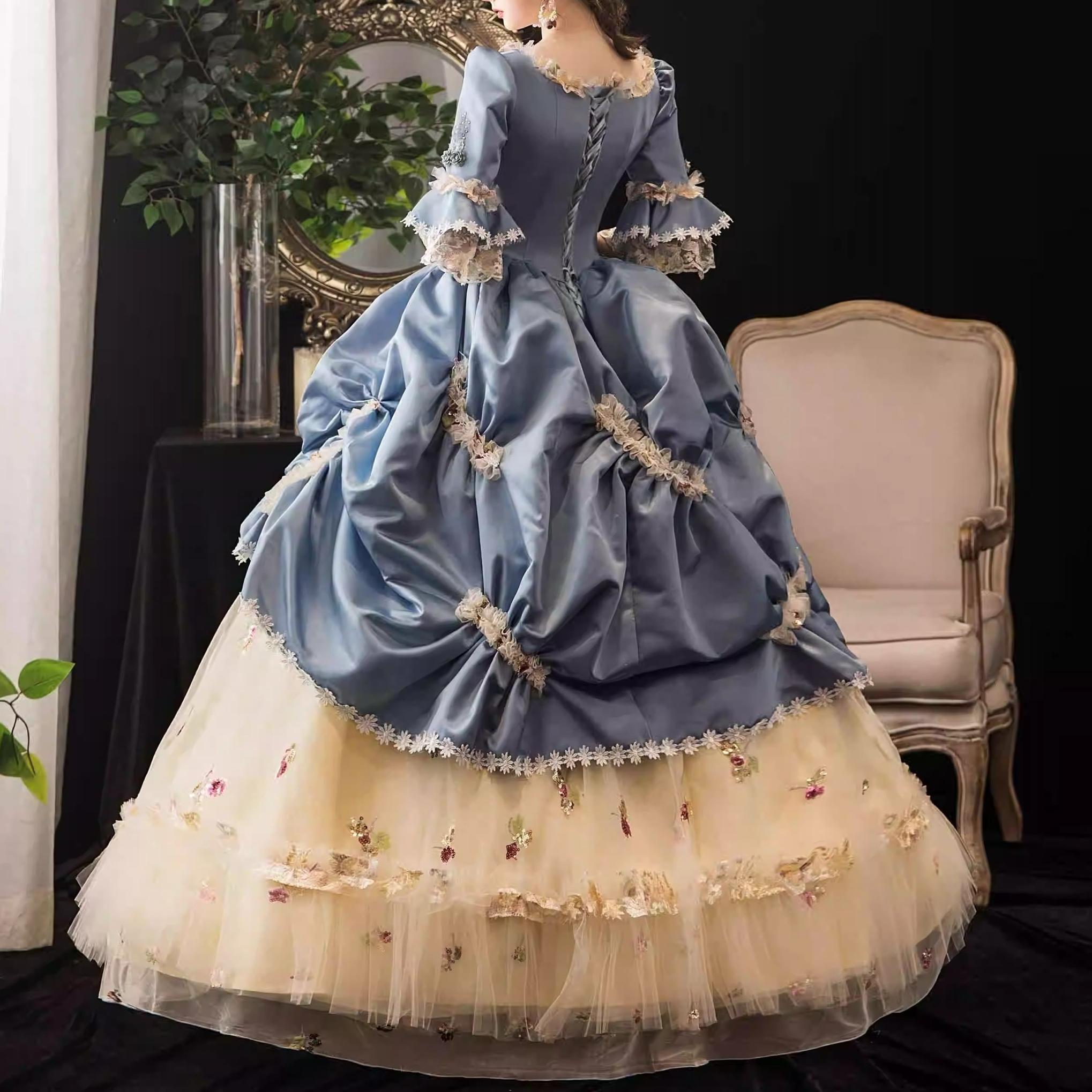 Victorian Rococo Ball Gown with Square Neck and Half Sleeves