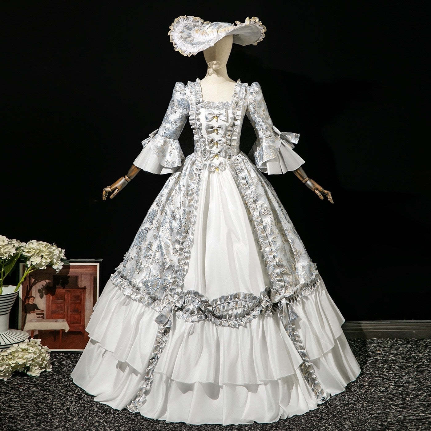 Victorian Rococo Masquerade Ball Gown with Square Neck and 3/4 Sleeves