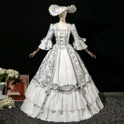 Victorian Rococo Masquerade Ball Gown with Square Neck and 3/4 Sleeves