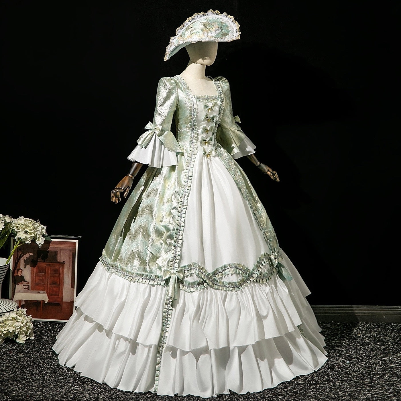 Victorian Rococo Masquerade Ball Gown with Square Neck and 3/4 Sleeves