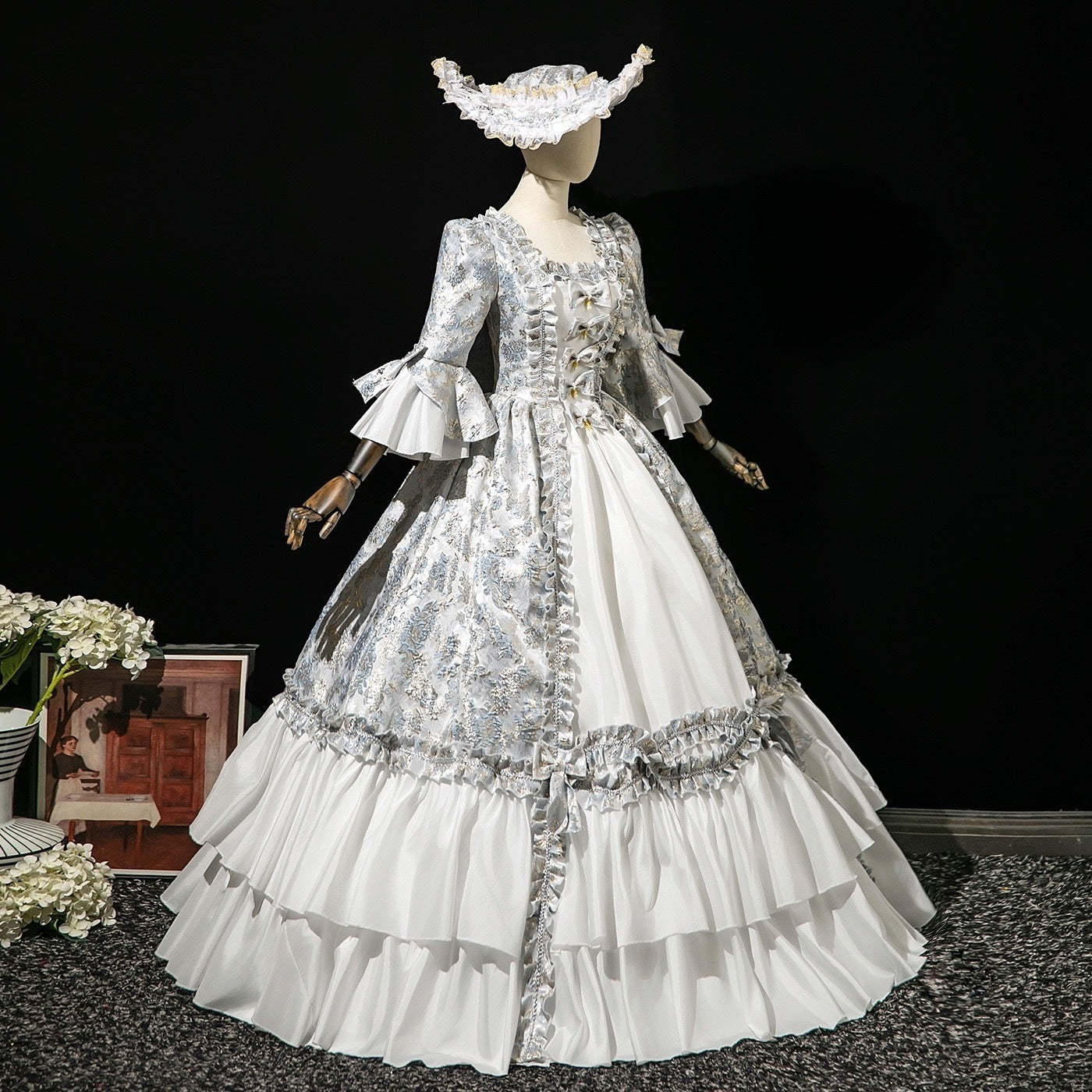Victorian Rococo Masquerade Ball Gown with Square Neck and 3/4 Sleeves