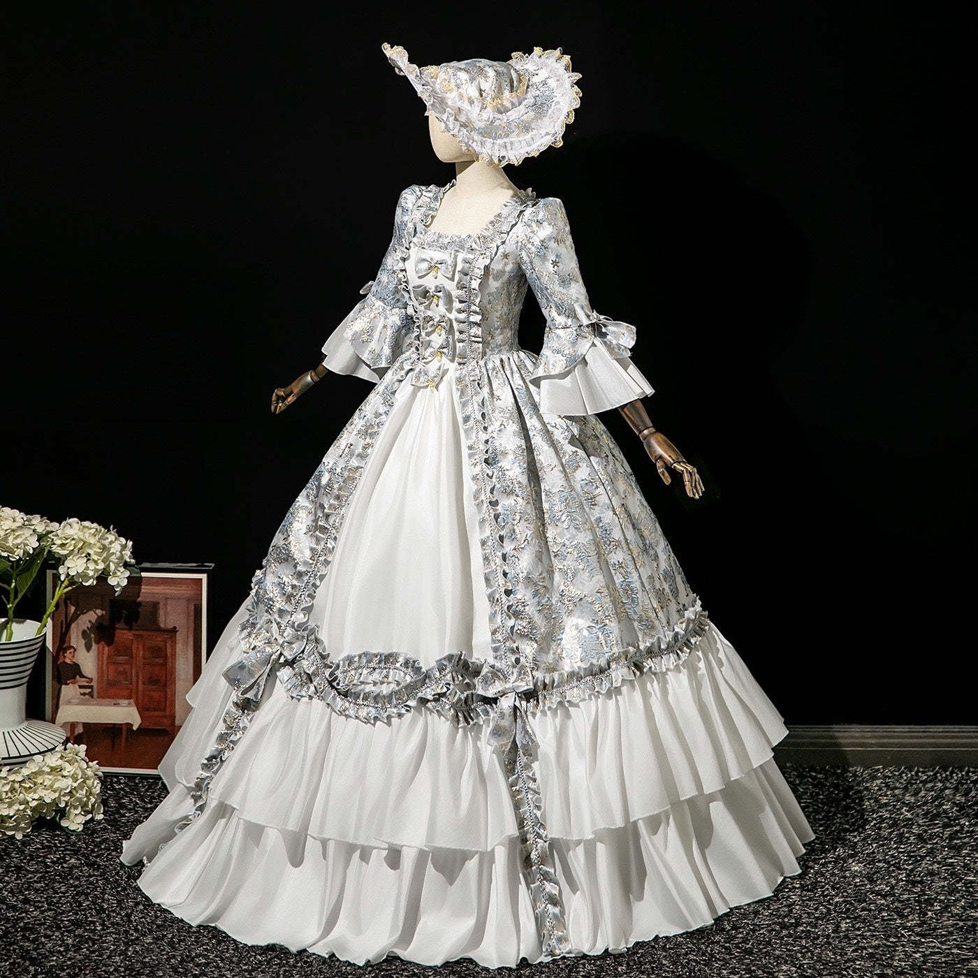 Victorian Rococo Masquerade Ball Gown with Square Neck and 3/4 Sleeves