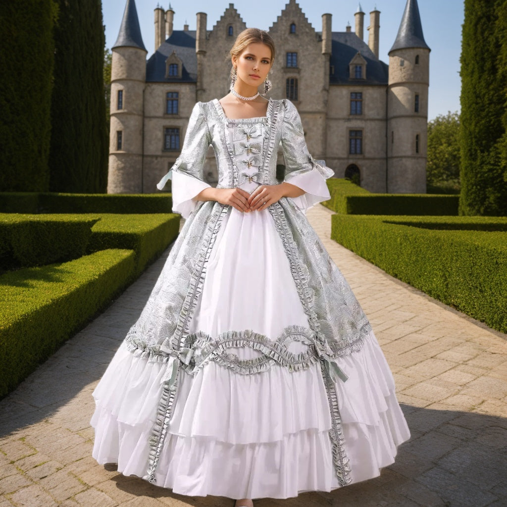 Victorian Rococo Masquerade Ball Gown with Square Neck and 3/4 Sleeves
