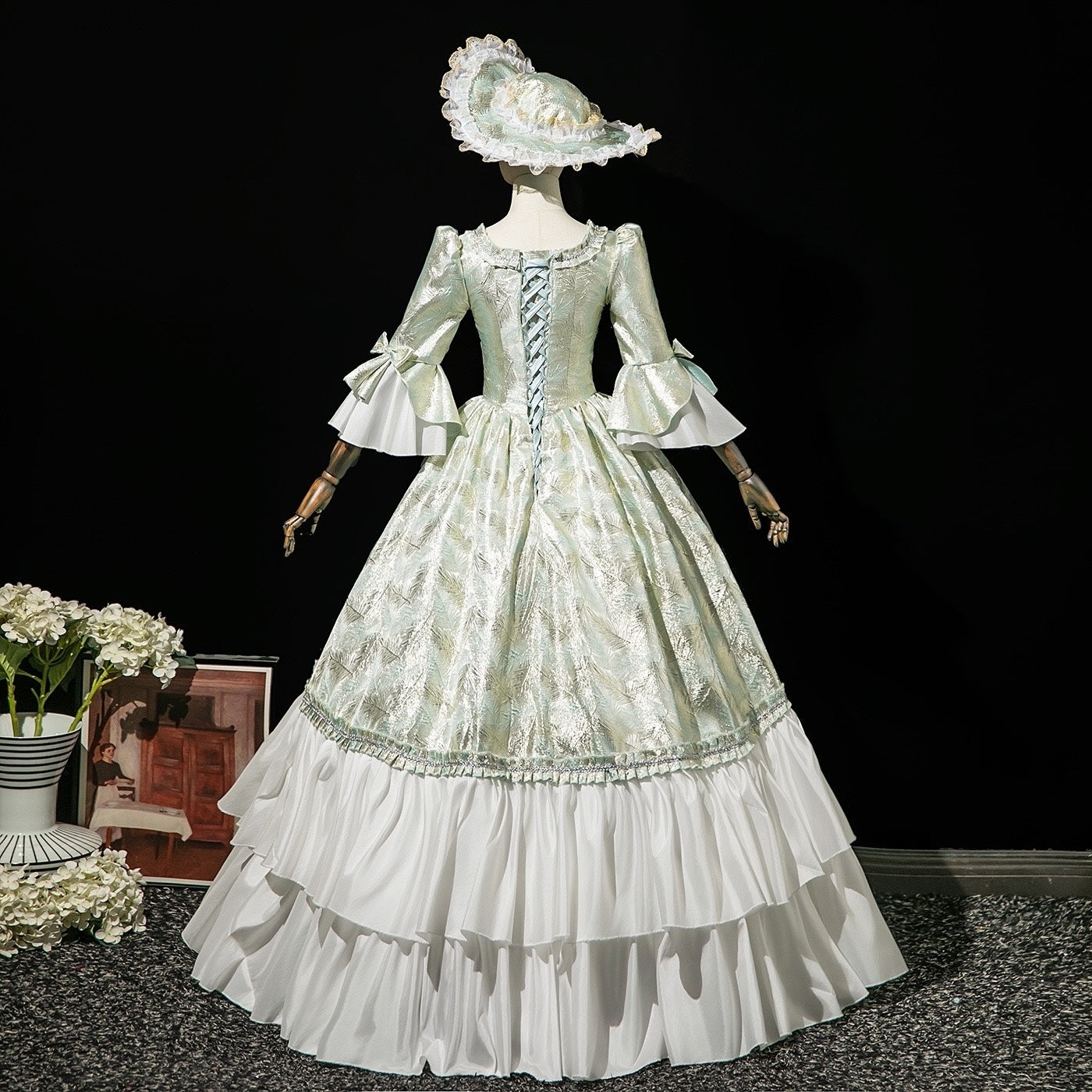 Victorian Rococo Masquerade Ball Gown with Square Neck and 3/4 Sleeves