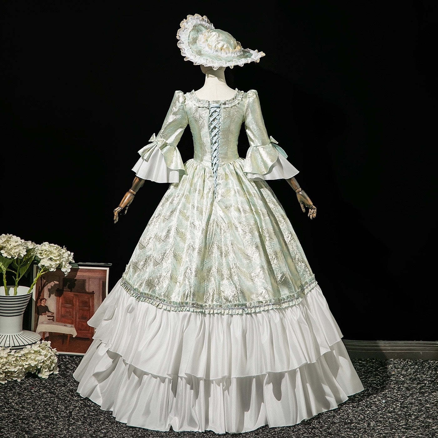 Victorian Rococo Masquerade Ball Gown with Square Neck and 3/4 Sleeves