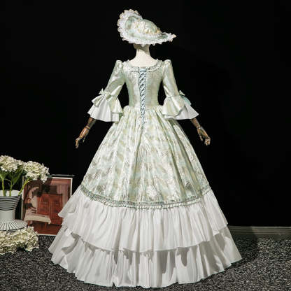 Victorian Rococo Masquerade Ball Gown with Square Neck and 3/4 Sleeves