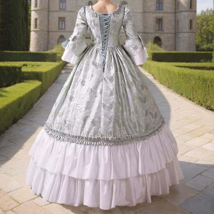 Victorian Rococo Masquerade Ball Gown with Square Neck and 3/4 Sleeves