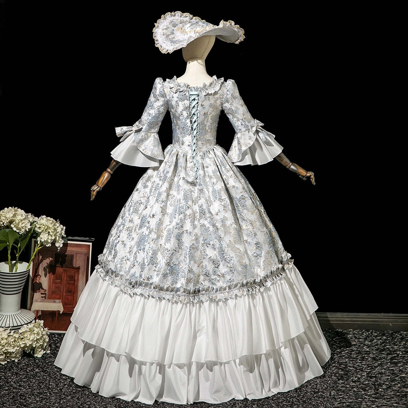 Victorian Rococo Masquerade Ball Gown with Square Neck and 3/4 Sleeves