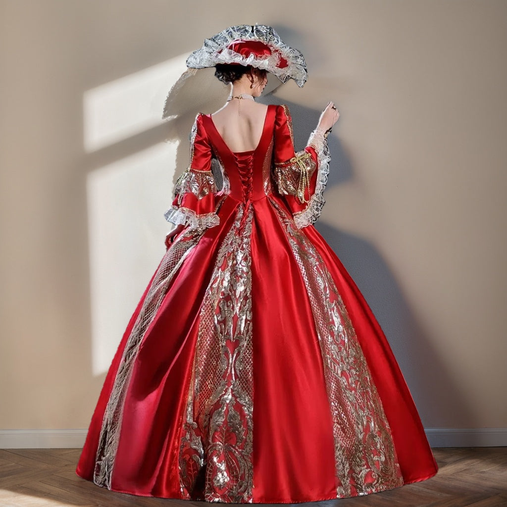 V-Neck Ball Gown with 3/4 Sleeves in Rococo Victorian Style for Masquerade or Prom