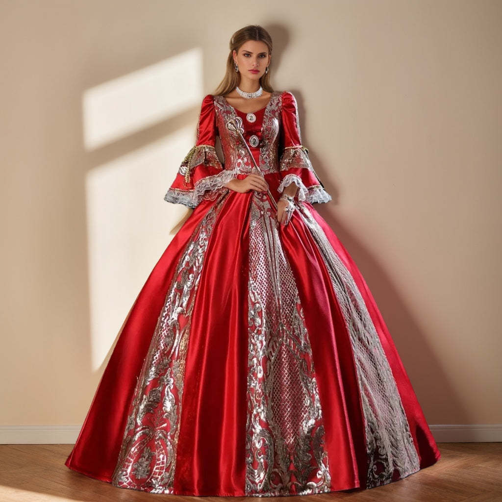 V-Neck Ball Gown with 3/4 Sleeves for Victorian Masquerade or Prom