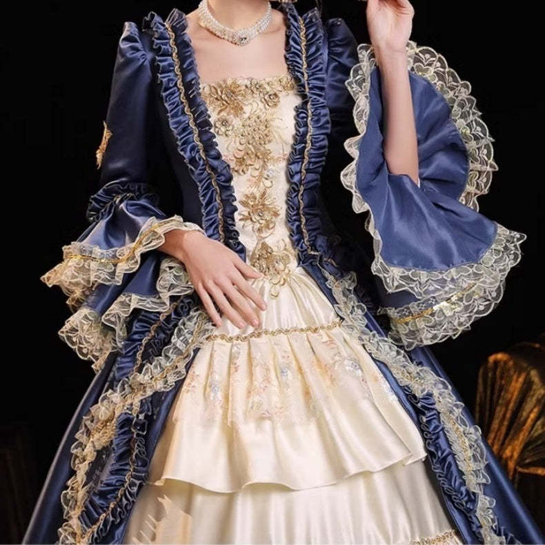 Victorian Rococo Masquerade Ball Gown with Square Neck and Floor-Length Sleeves