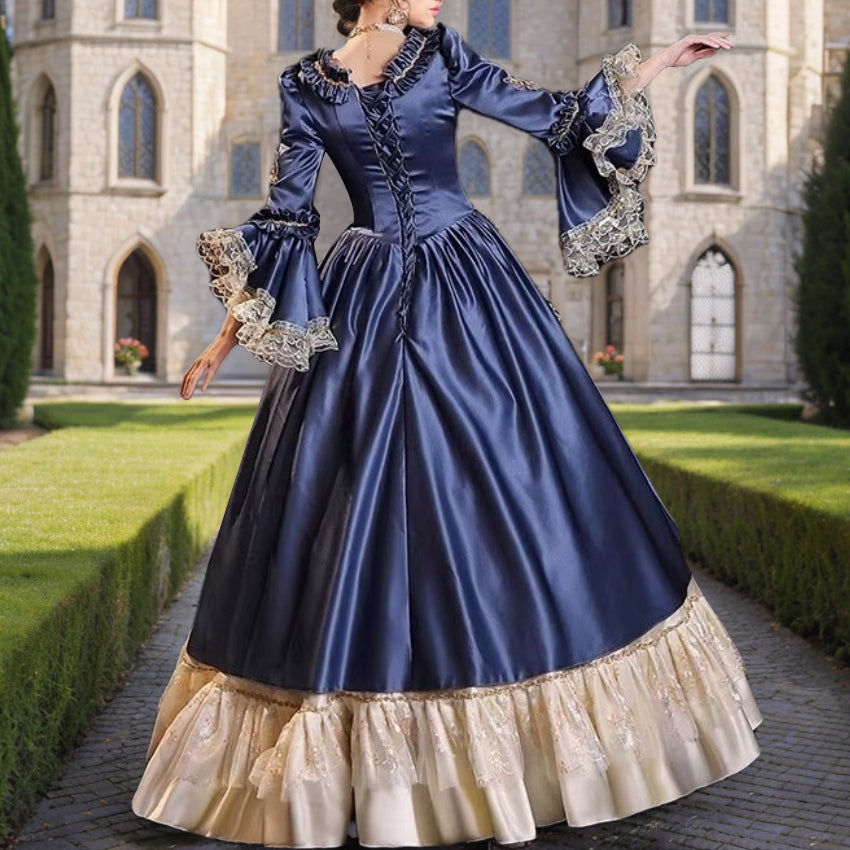 Victorian Rococo Masquerade Ball Gown with Square Neck and Long Sleeves for Prom or Quinceanera