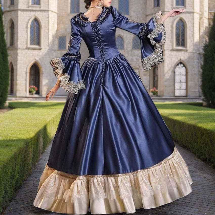 Victorian Rococo Masquerade Ball Gown with Square Neck and Floor-Length Sleeves