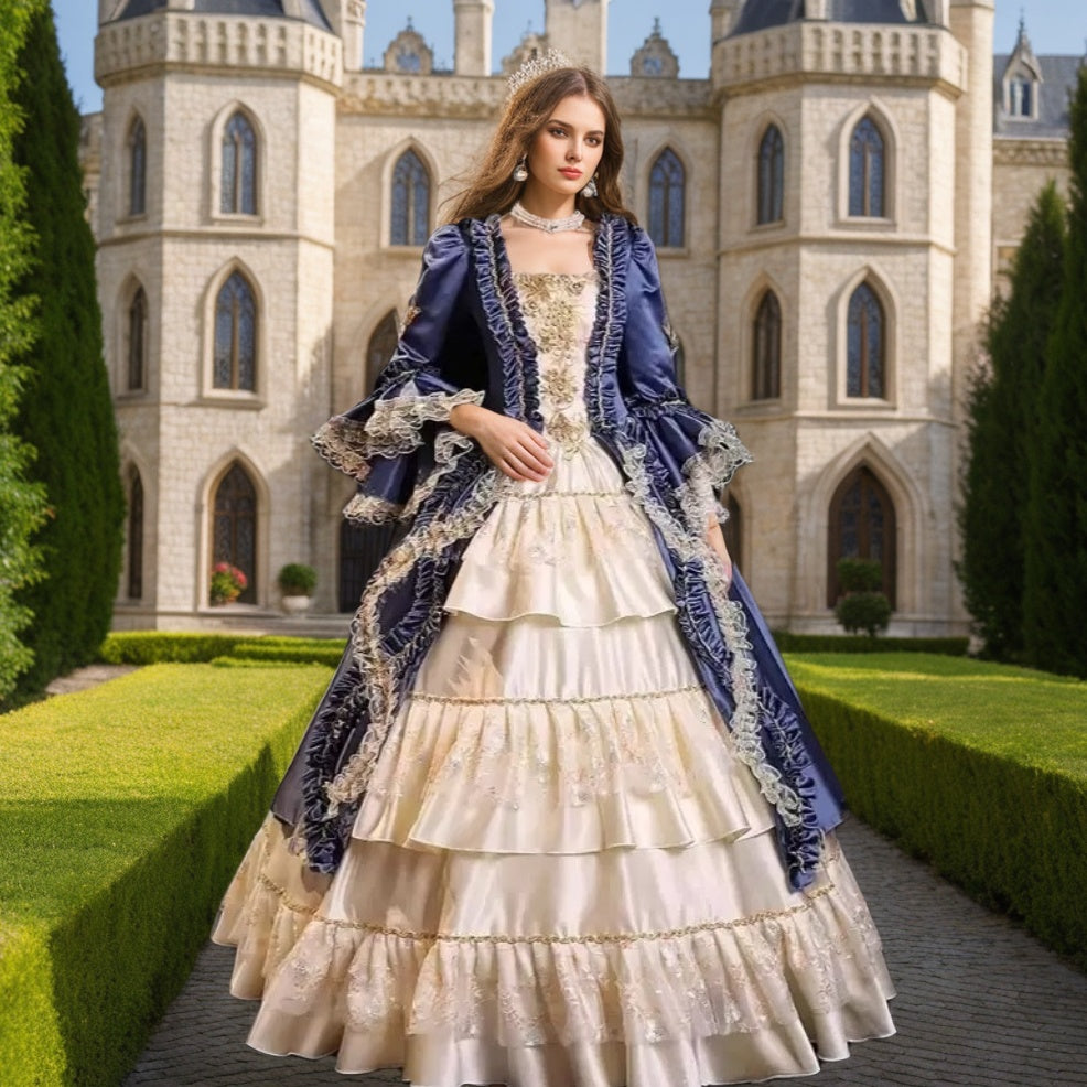 Victorian Rococo Masquerade Ball Gown with Square Neck and Floor-Length Sleeves