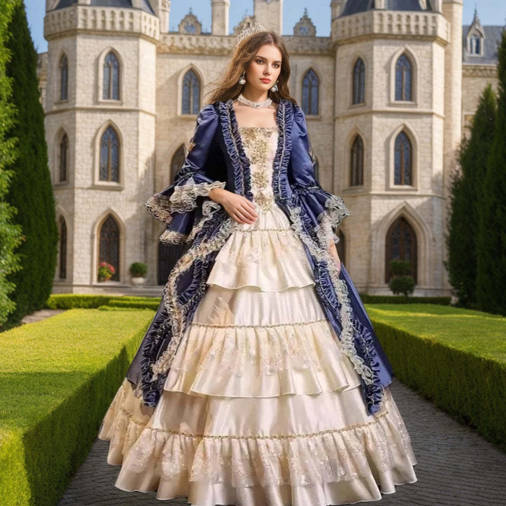 Victorian Rococo Masquerade Ball Gown with Square Neck and Floor-Length Sleeves