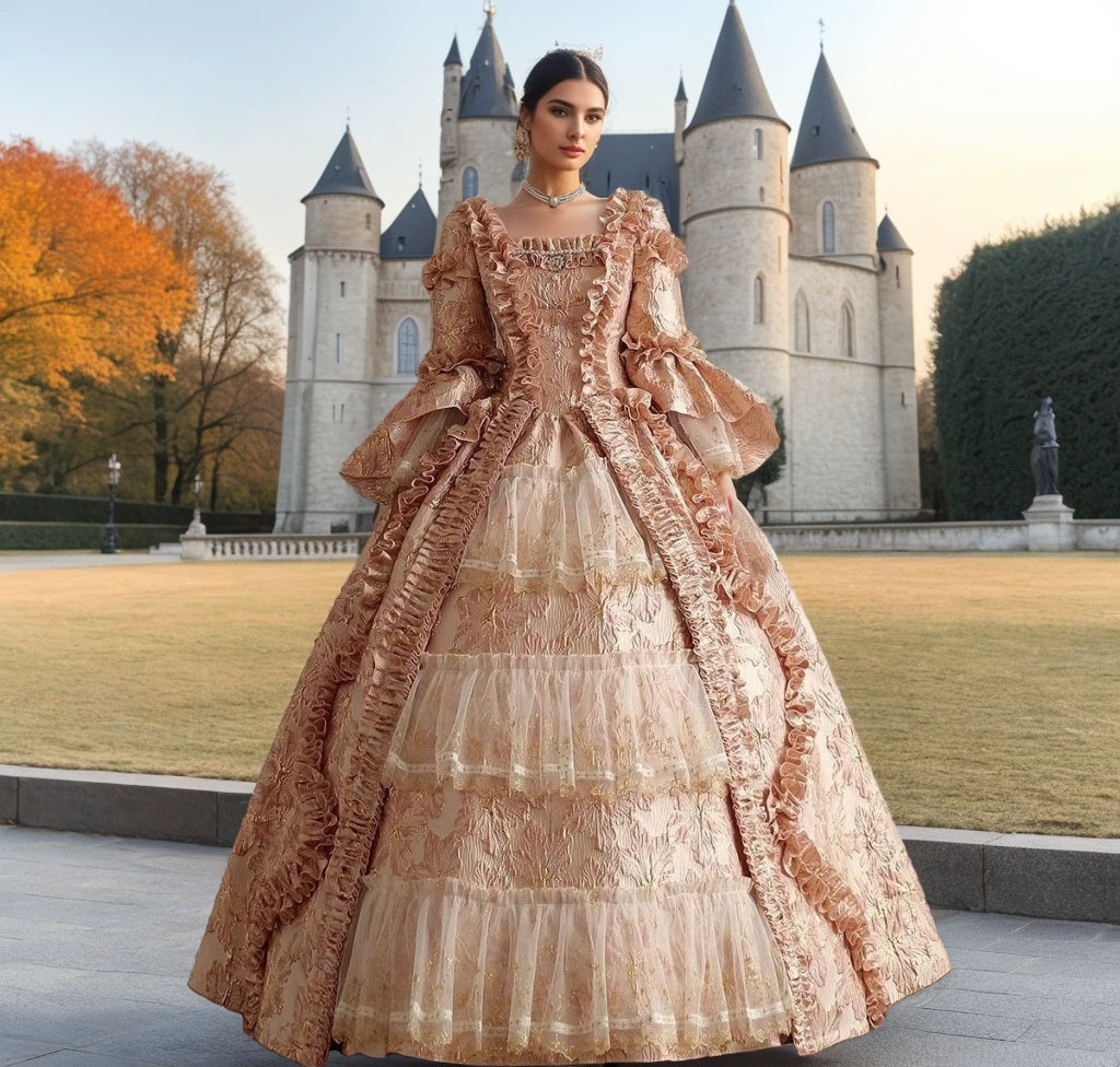 Victorian Rococo Princess Ball Gown with Square Neck and Long Sleeves for Prom Quinceanera or Masquerade-BMbridal.UK