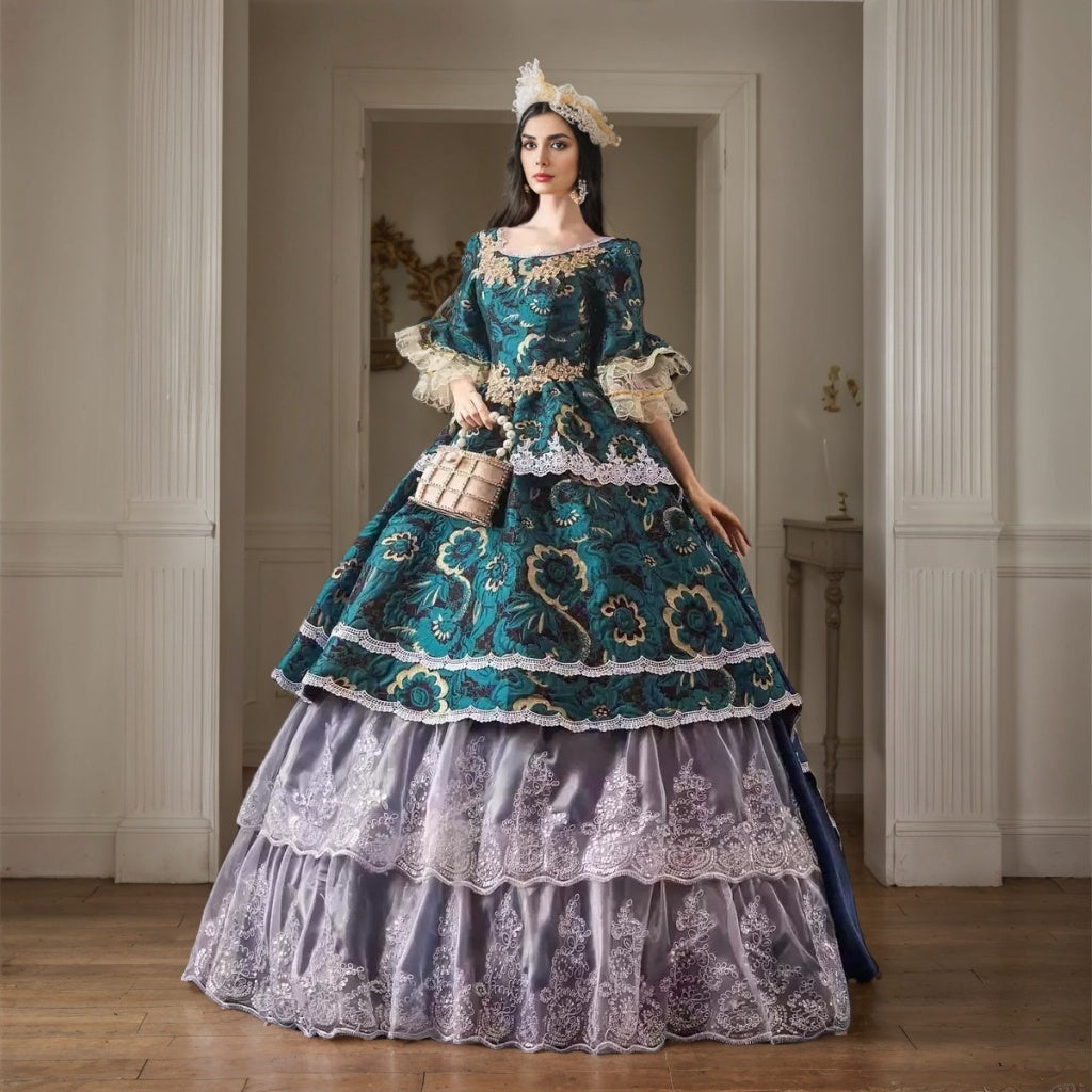 Victorian Rococo Masquerade Ball Gown with Round Neck and Half Sleeves for Prom or Quinceanera