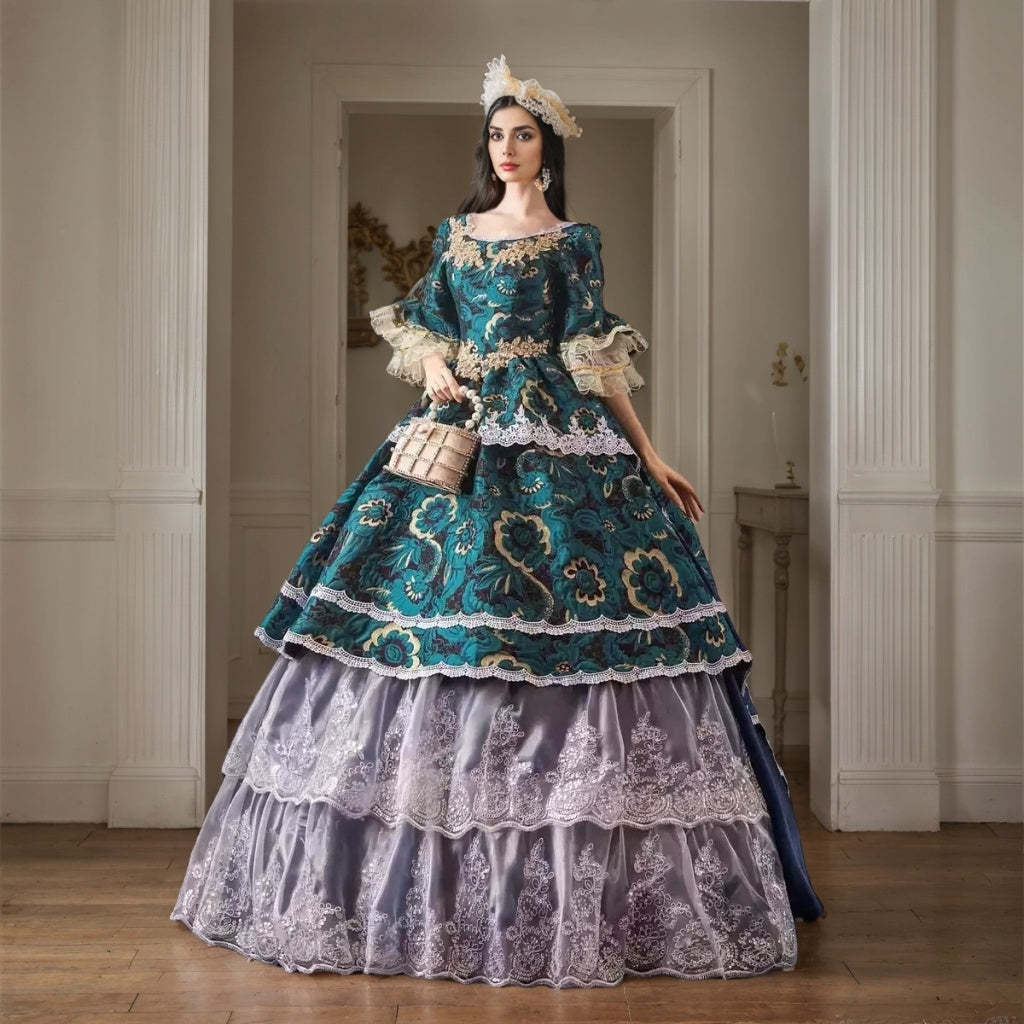 Victorian Rococo Masquerade Ball Gown with Round Neck and Half Sleeves for Prom or Quinceanera