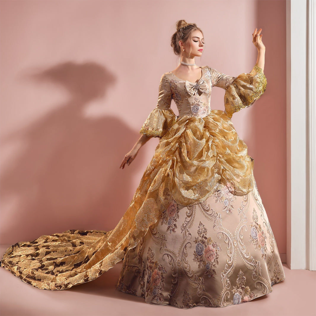 Victorian Rococo Masquerade Ball Gown with 3/4 Sleeves and Round Neck