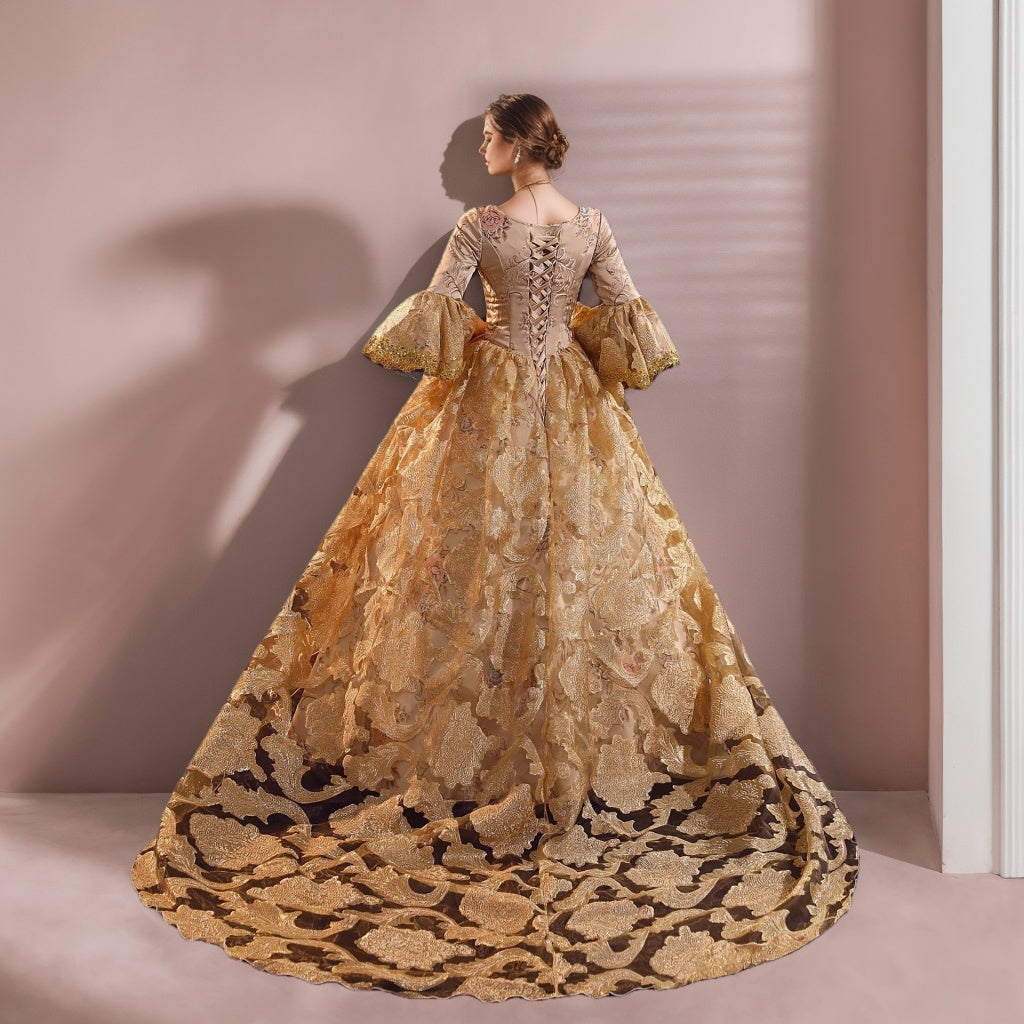 Victorian Rococo Masquerade Ball Gown with 3/4 Sleeves and Round Neck