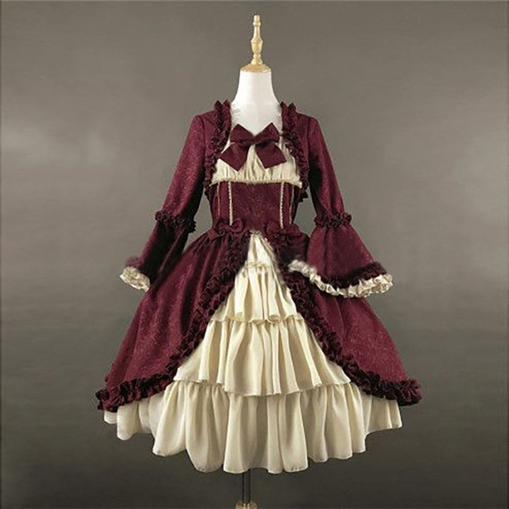 Vintage Gothic Lolita Rococo Dress for Women with Trumpet Sleeves and Lace Bow