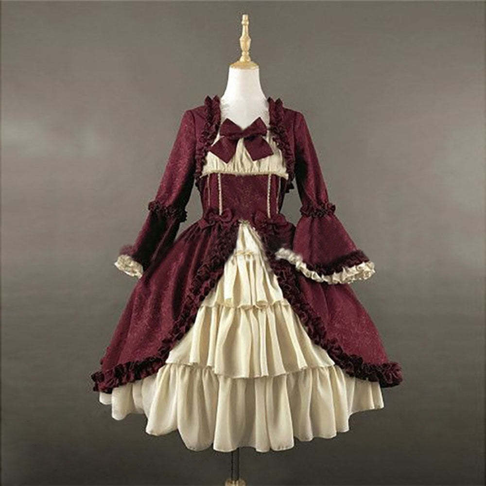 Vintage Gothic Lolita Rococo Dress for Women with Trumpet Sleeves and Lace Bow