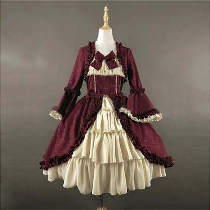 Vintage Gothic Lolita Rococo Dress for Women with Trumpet Sleeves and Lace Bow