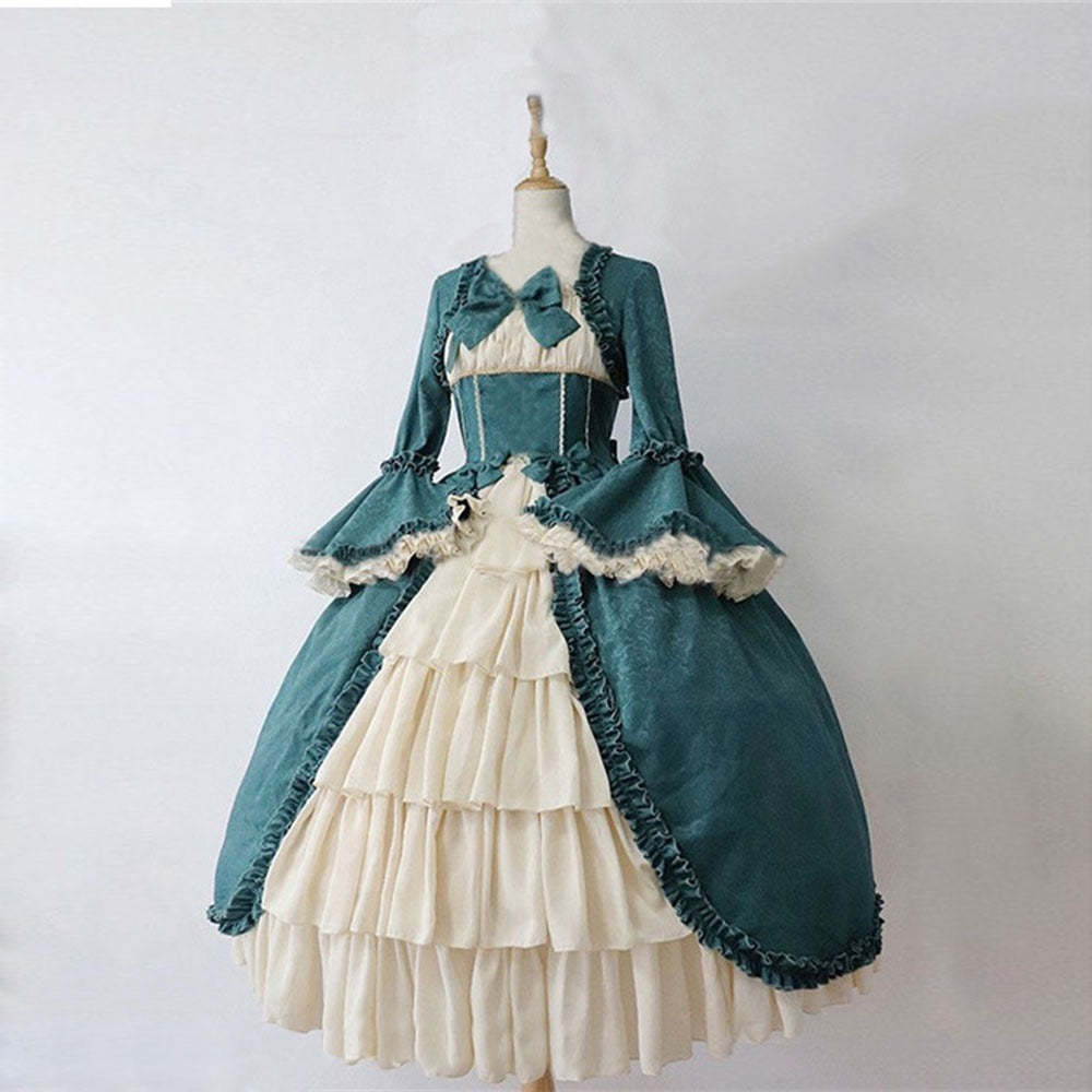 Vintage Gothic Lolita Rococo Dress for Women with Trumpet Sleeves and Lace Bow