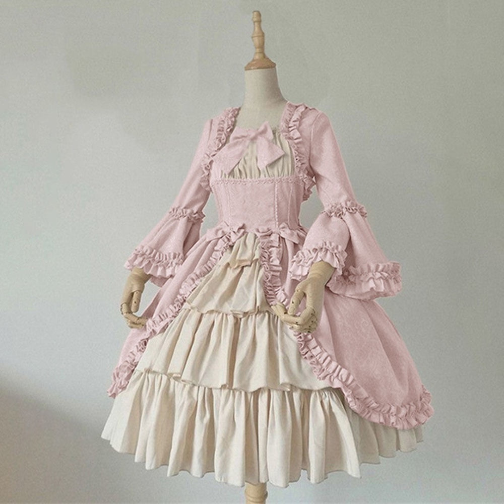 Vintage Gothic Lolita Rococo Dress for Women with Trumpet Sleeves and Lace Bow