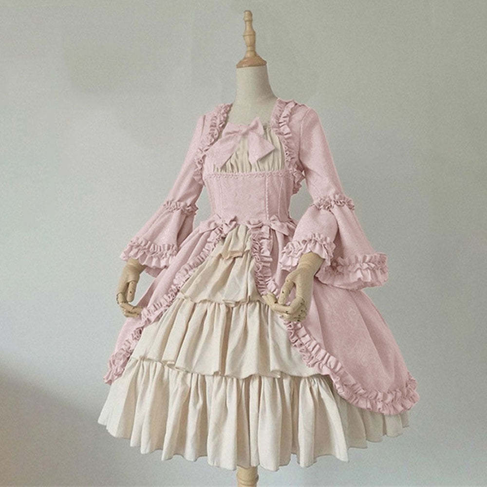 Vintage Gothic Lolita Rococo Dress for Women with Trumpet Sleeves and Lace Bow
