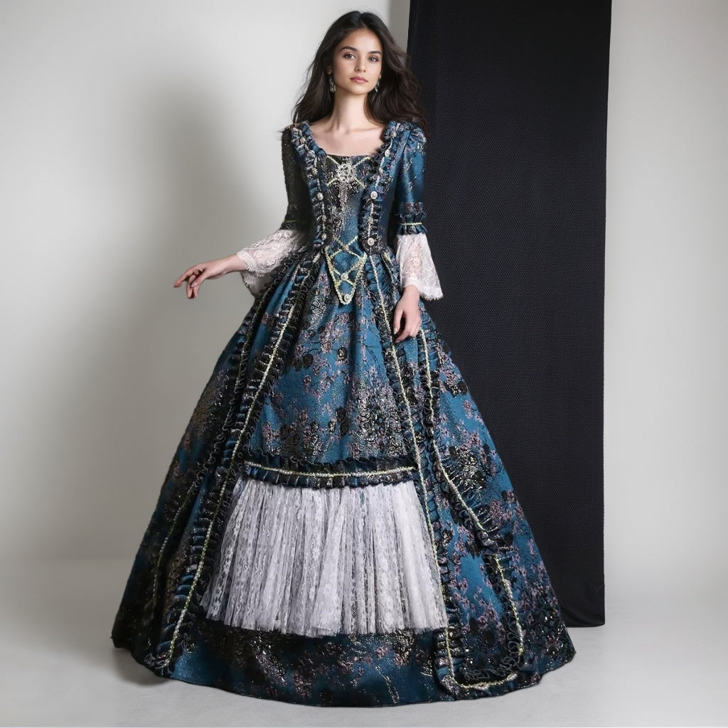 Victorian Rococo Princess Ball Gown with Square Neck and Long Lace Sleeves