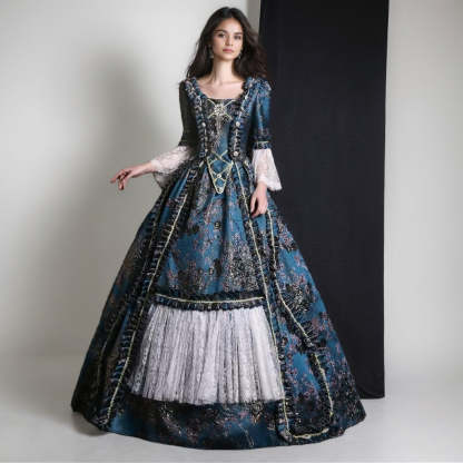 Victorian Rococo Princess Ball Gown with Square Neck and Long Lace Sleeves