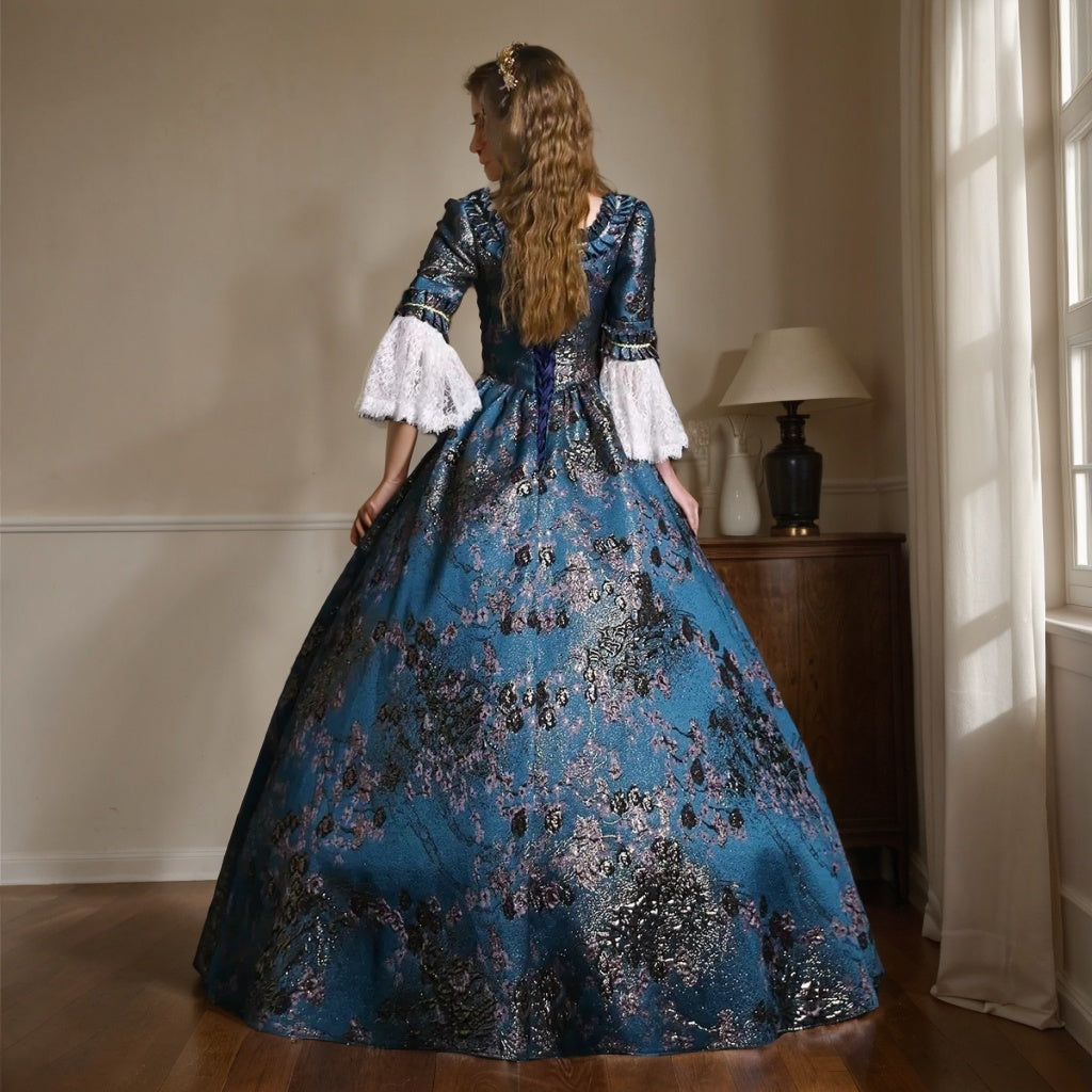 Victorian Rococo Princess Ball Gown with Square Neck and Long Lace Sleeves