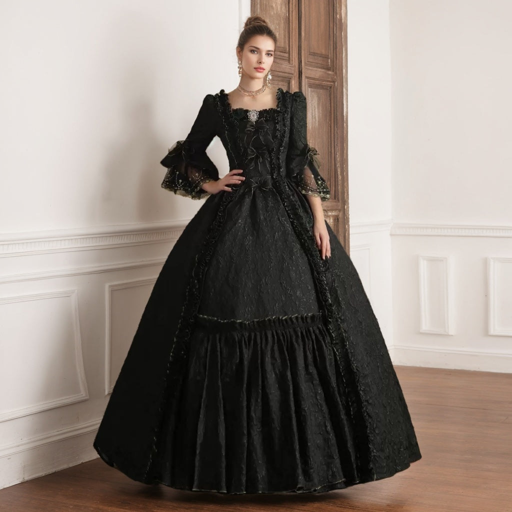 Victorian Masquerade Ball Gown with Square Neck and 3/4 Lace Sleeves for Rococo Prom or Quinceanera