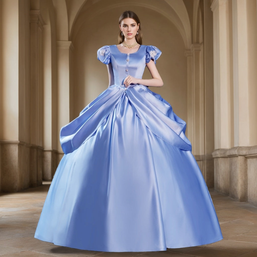 Rococo Victorian Masquerade Ball Gown with Short Sleeves and Round Neck